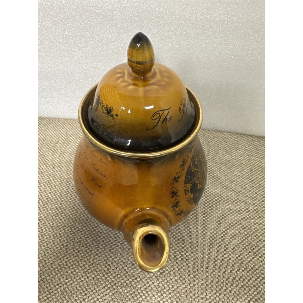Vintage Boston Tea Party 1773 Commemorative Ceramic Teapot Brown Gold Trim
